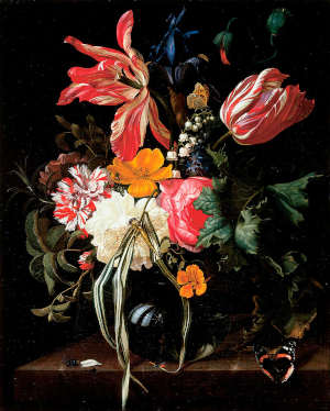 Maria van Oosterwijck Vaas met tulpen, rozen, en andere bloemen met insecten schilderij uit 1669