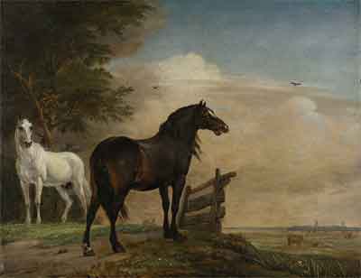 Paulus Potter Twee paarden in de wei bij een hek