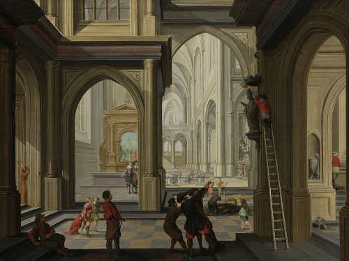 Dirck van Delen Beeldenstorm in een kerk schilderij uit 1630